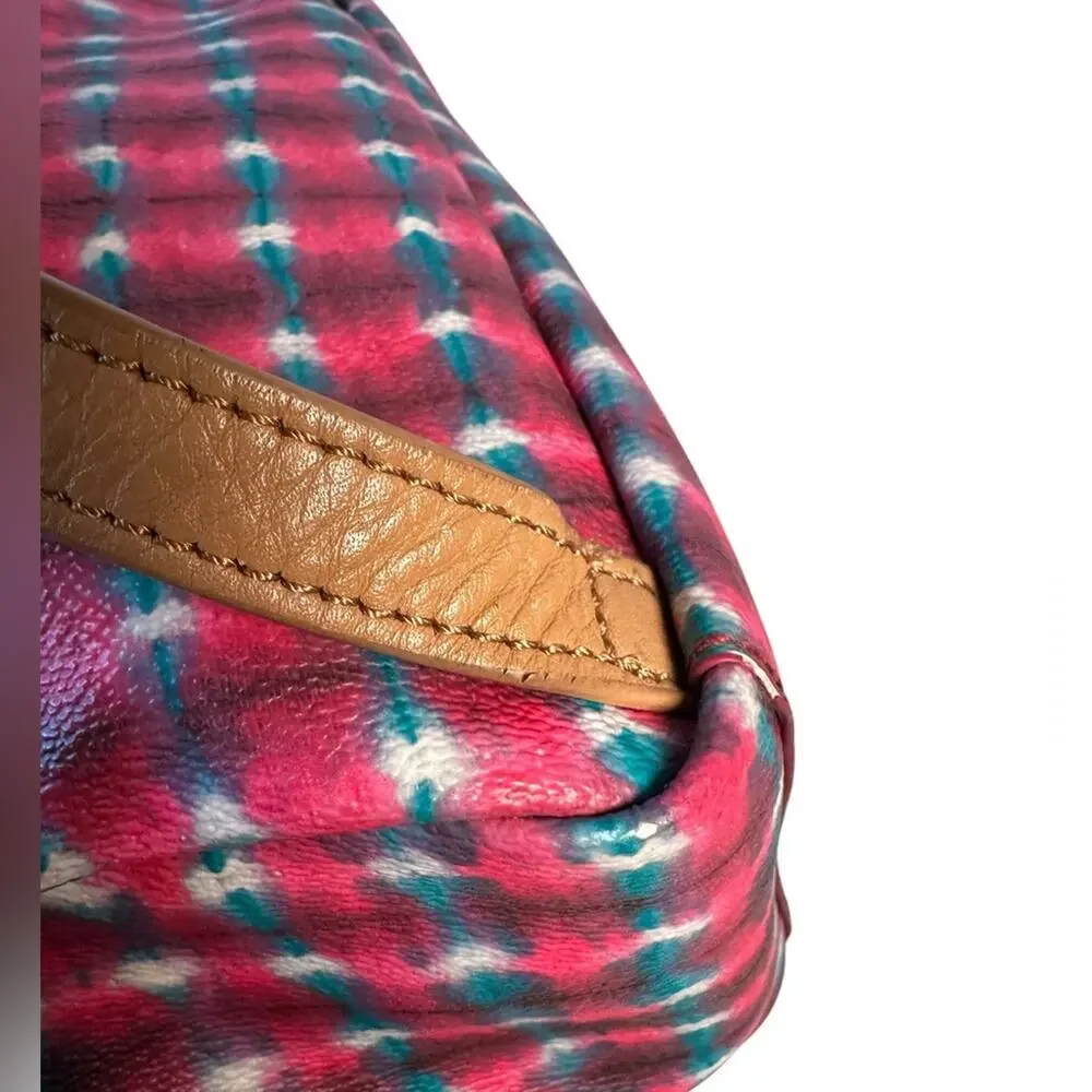 Tory Burch multicolor printed backpack with tan leather trim, top handle bag.